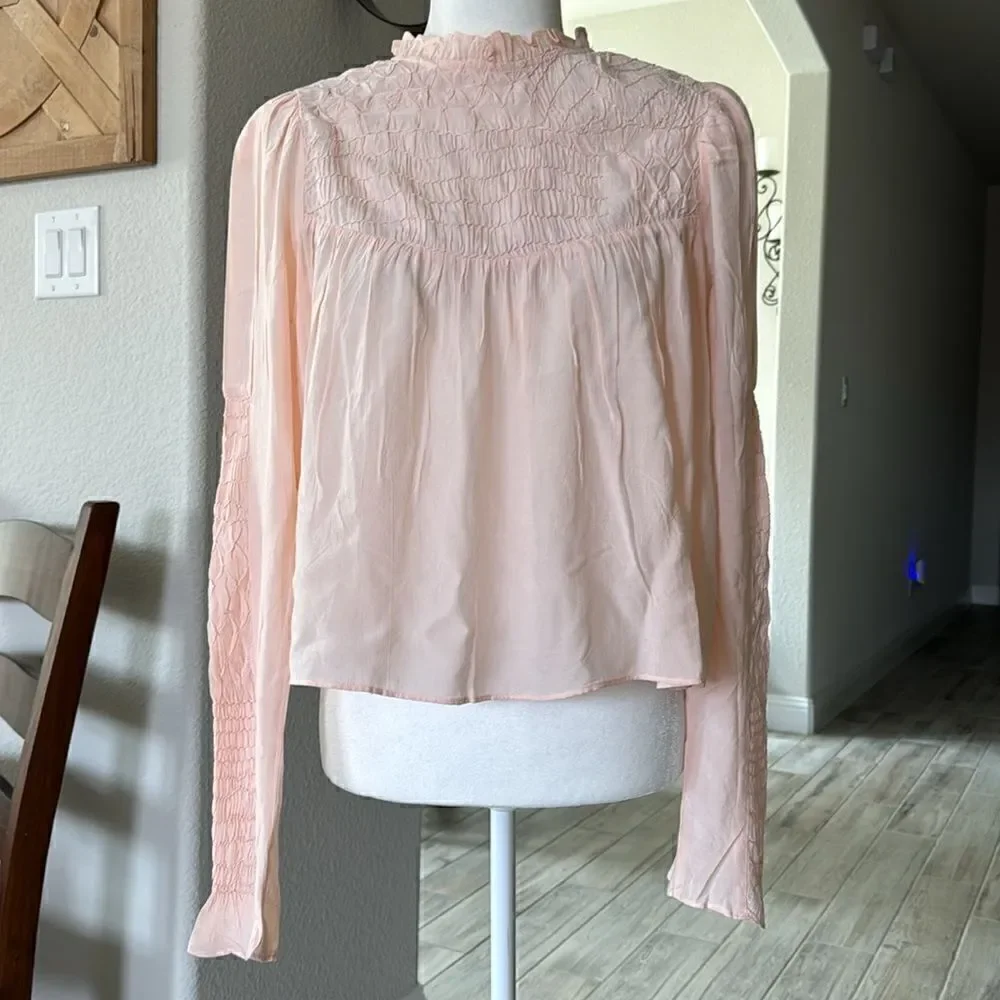 NWOT Free People Smocked In Time Top Ruffled High Neck Long Sleeves XS Feminine